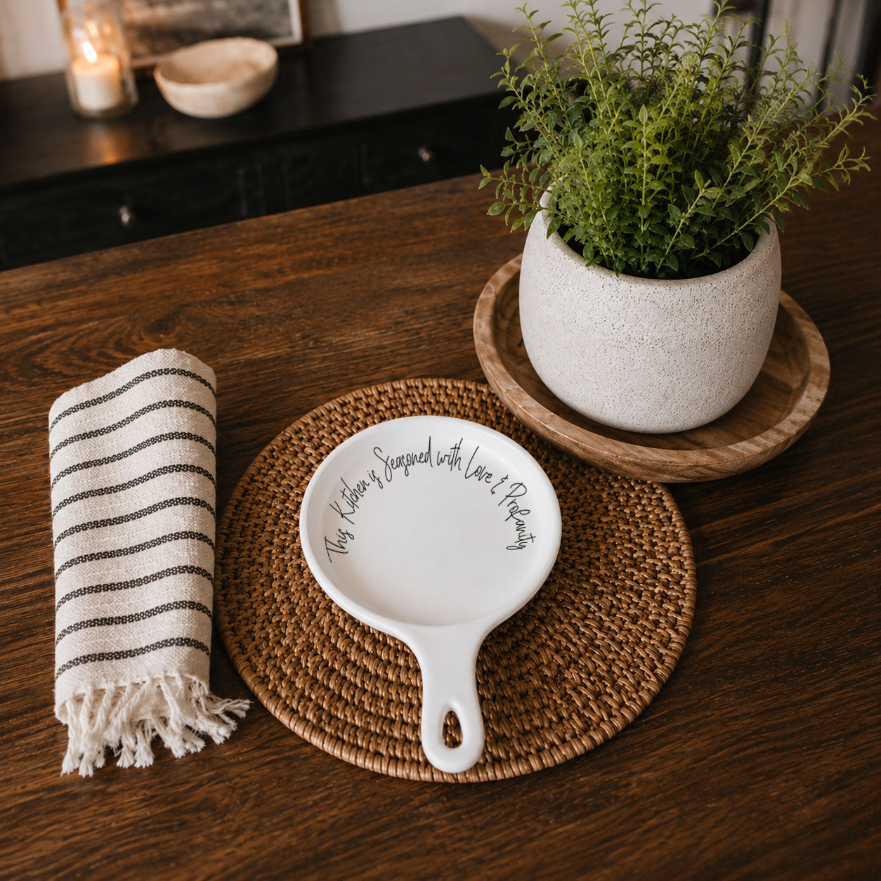 Love & Profanity spoon rest by Gia Roma, white ceramic with black script on Tampa Home & Garden Store