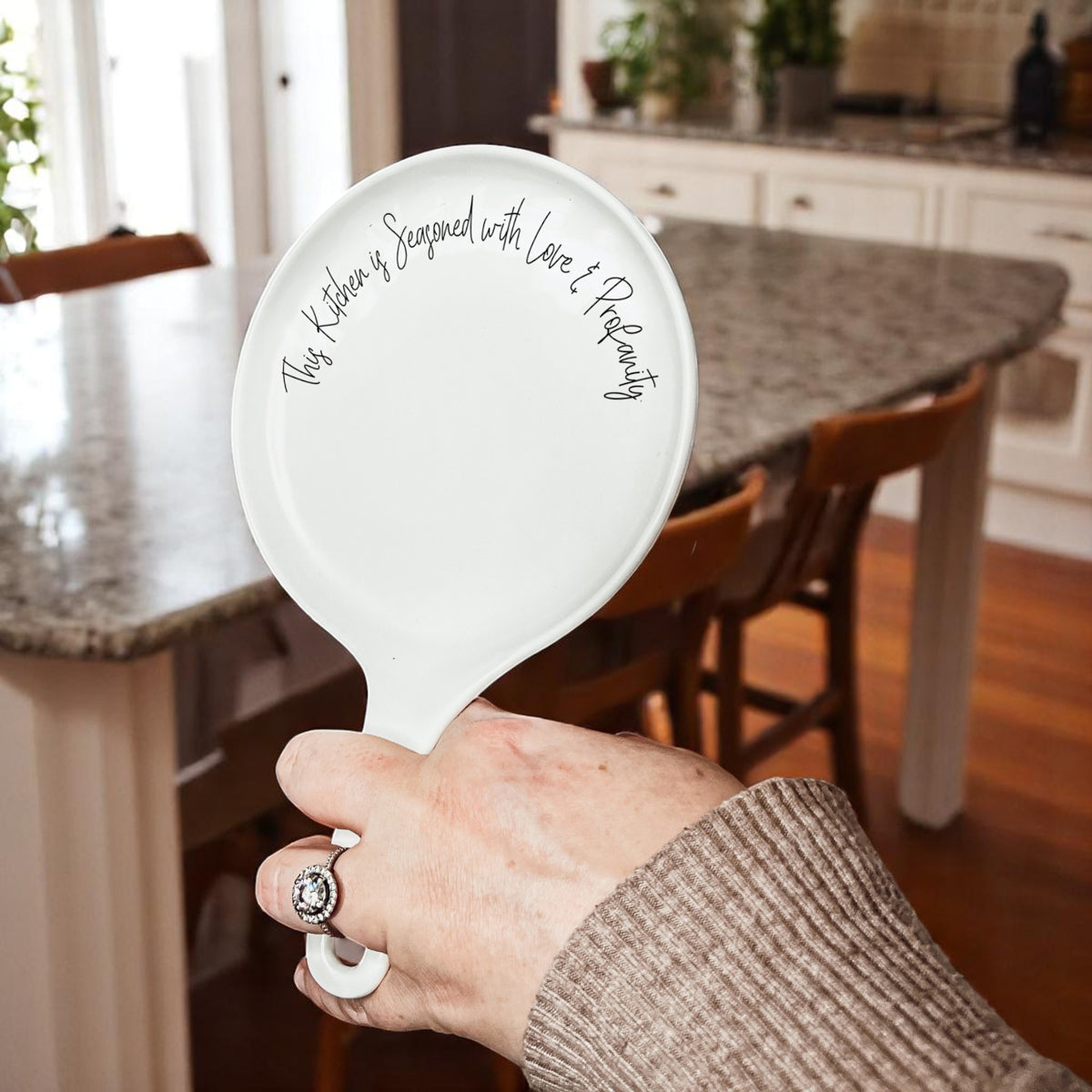 Love & Profanity spoon rest, Gia Roma, white ceramic with script edge text on Tampa Home & Garden Store