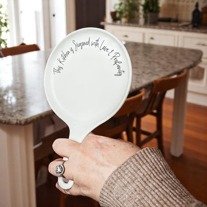 Love & Profanity spoon rest, Gia Roma, white ceramic with script edge text on Tampa Home & Garden Store