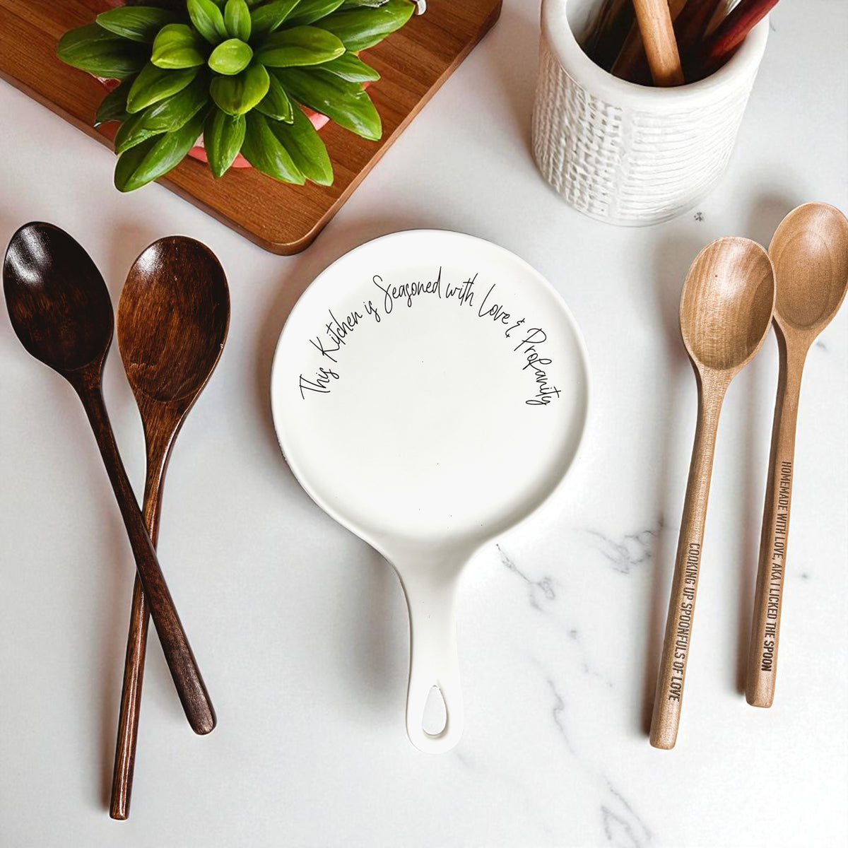 Love & Profanity spoon rest Gia Roma white ceramic with black script text on Tampa Home & Garden Store