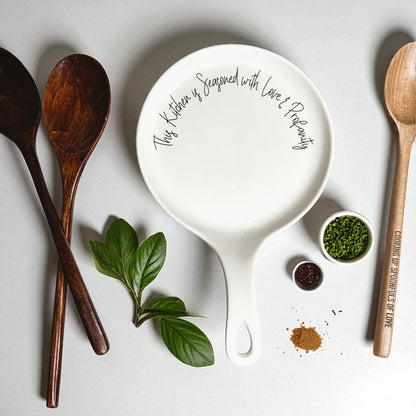 Gia Roma Love & Profanity spoon rest, white ceramic round with black script on Tampa Home & Garden Store