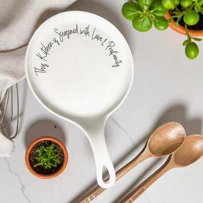 Love & Profanity spoon rest Gia Roma, white ceramic round plate with handle on Tampa Home & Garden Store