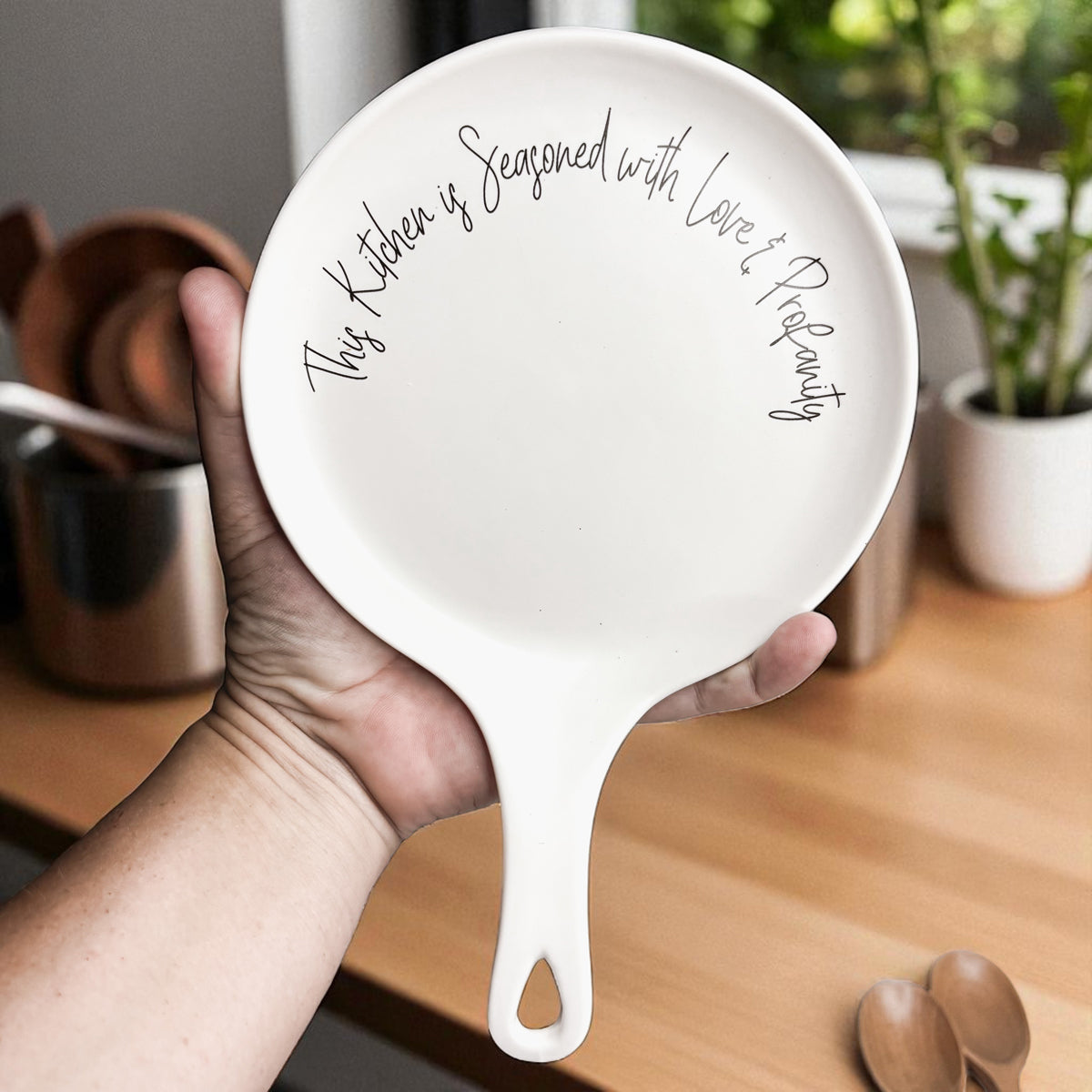 Gia Roma Love & Profanity spoon rest, white ceramic, round with integrated handle on Tampa Home & Garden Store