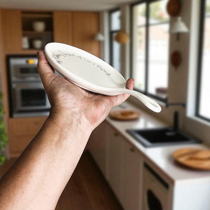 Love & Profanity spoon rest by Gia Roma, white ceramic with handwritten script on Tampa Home & Garden Store
