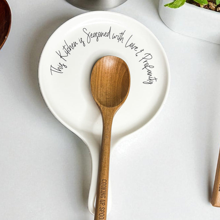Love & Profanity spoon rest, 2-piece Gia Roma white ceramic with black script on Tampa Home & Garden Store