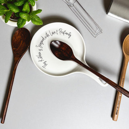 Love & Profanity spoon rest white ceramic plate with script and two spoons on Tampa Home & Garden Store