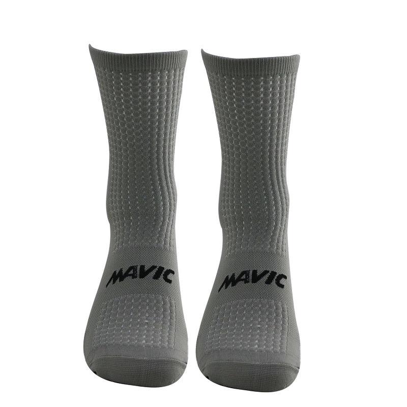 Gray MAVIC cycling socks, pair of crew-length breathable athletic socks for men and women on Tampa Home & Garden Store