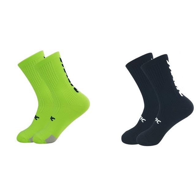 Stevvex unisex cycling socks, breathable knee-high, neon green and navy blue, two pairs on Tampa Home & Garden Store