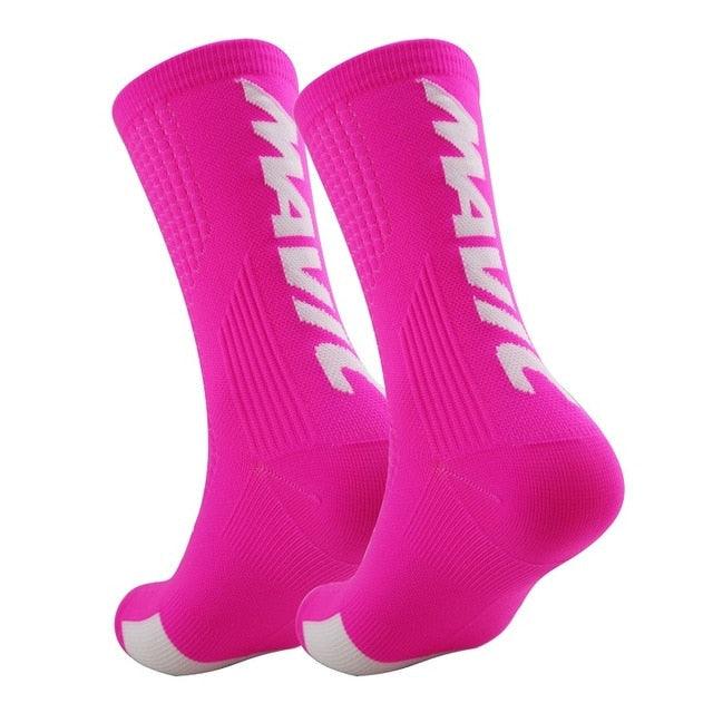 Stevvex unisex cycling socks pair bright pink with white logo, breathable athletic crew on Tampa Home & Garden Store