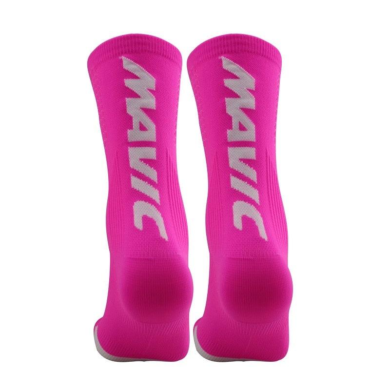 Pair of cycling socks pink breathable knit with Mavic logo unisex athletic socks on Tampa Home & Garden Store
