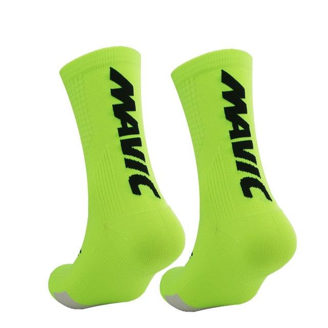 Two-sock neon green breathable athletic cycling socks with black MAGIC logo for unisex use on Tampa Home & Garden Store
