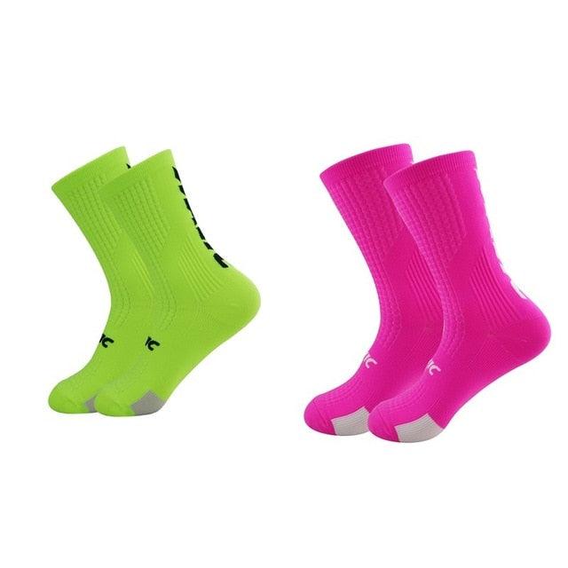 Stevvex unisex cycling socks neon green and pink breathable athletic socks 2-pair set on Tampa Home & Garden Store