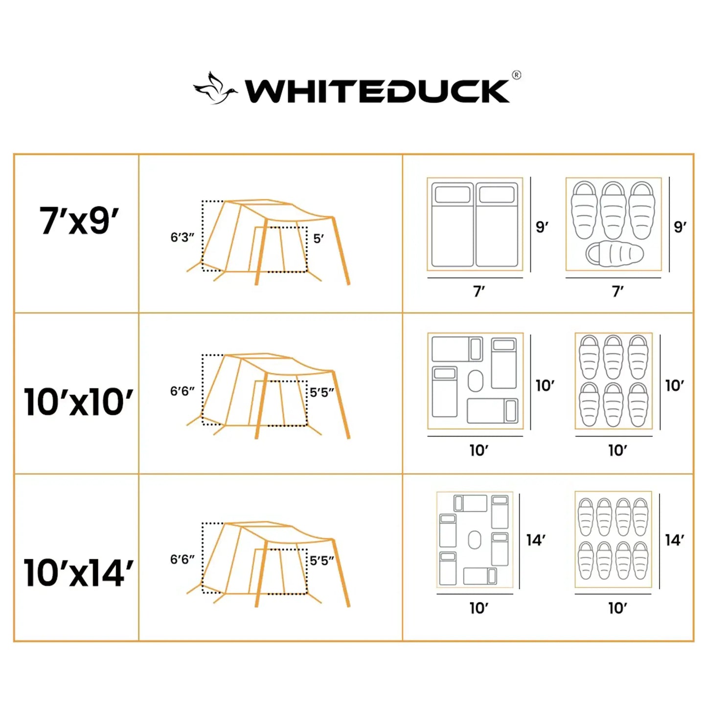 White Duck Outdoors Prota Canvas Tent 10x10 with orange tent outline and size layout diagrams on Tampa Home & Garden Store