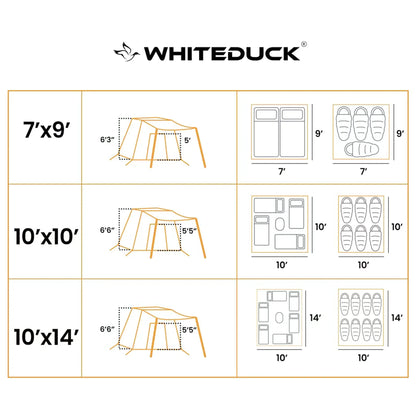White Duck Outdoors Prota Canvas Tent 10x10 with orange tent outline and size layout diagrams on Tampa Home & Garden Store