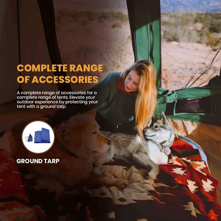 10x10 Prota Canvas Tent by White Duck Outdoors, woman with 2 dogs on blanket inside green tent on Tampa Home & Garden Store