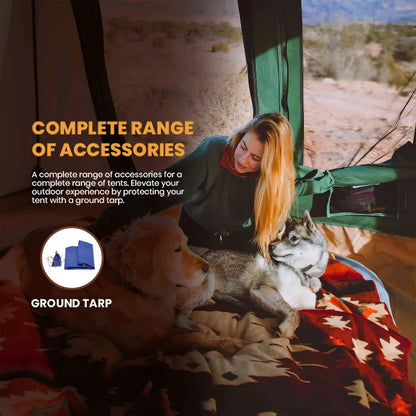 10x10 Prota Canvas Tent by White Duck Outdoors, woman with 2 dogs on blanket inside green tent on Tampa Home & Garden Store