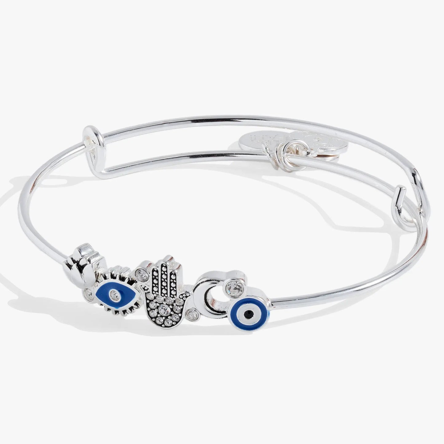 Protection Inline Bangle by ALEX AND ANI, silver bracelet with crystal hamsa charm and blue eyes on Tampa Home & Garden Store