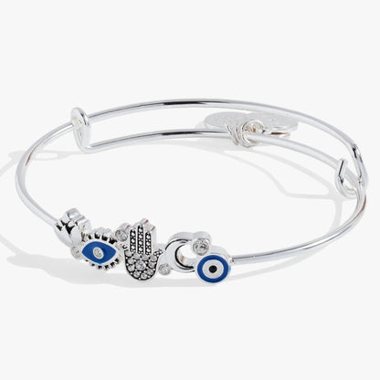 Protection Inline Bangle by ALEX AND ANI, silver bracelet with crystal hamsa charm and blue eyes on Tampa Home & Garden Store