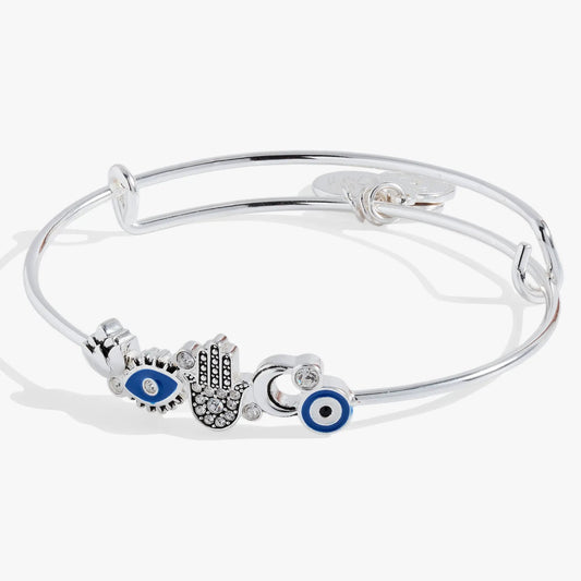 Protection Inline Bangle by ALEX AND ANI, silver bracelet with crystal hamsa charm and blue eyes on Tampa Home & Garden Store