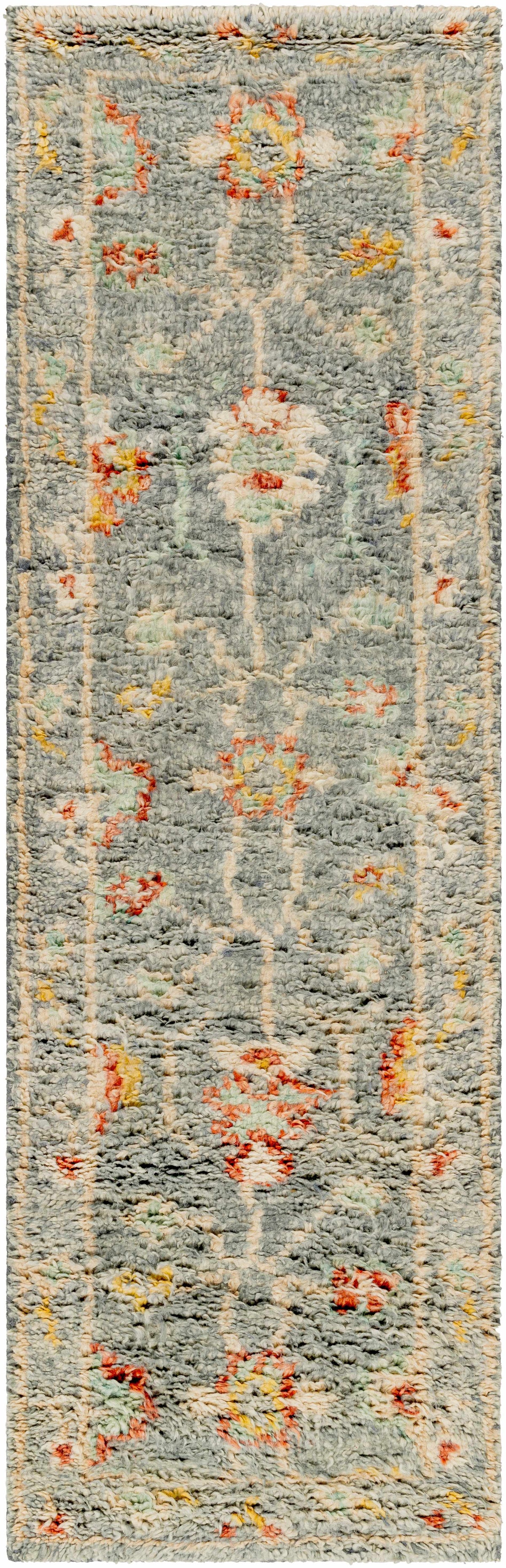 Prosperidad Handmade Wool Rug runner in blue-gray with pastel floral motifs Boutique Rugs on Tampa Home & Garden Store