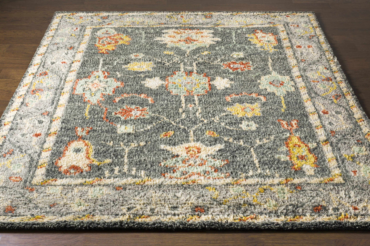 Prosperidad Handmade Wool Rug - Clearance gray field with floral motif Boutique Rugs on Tampa Home & Garden Store