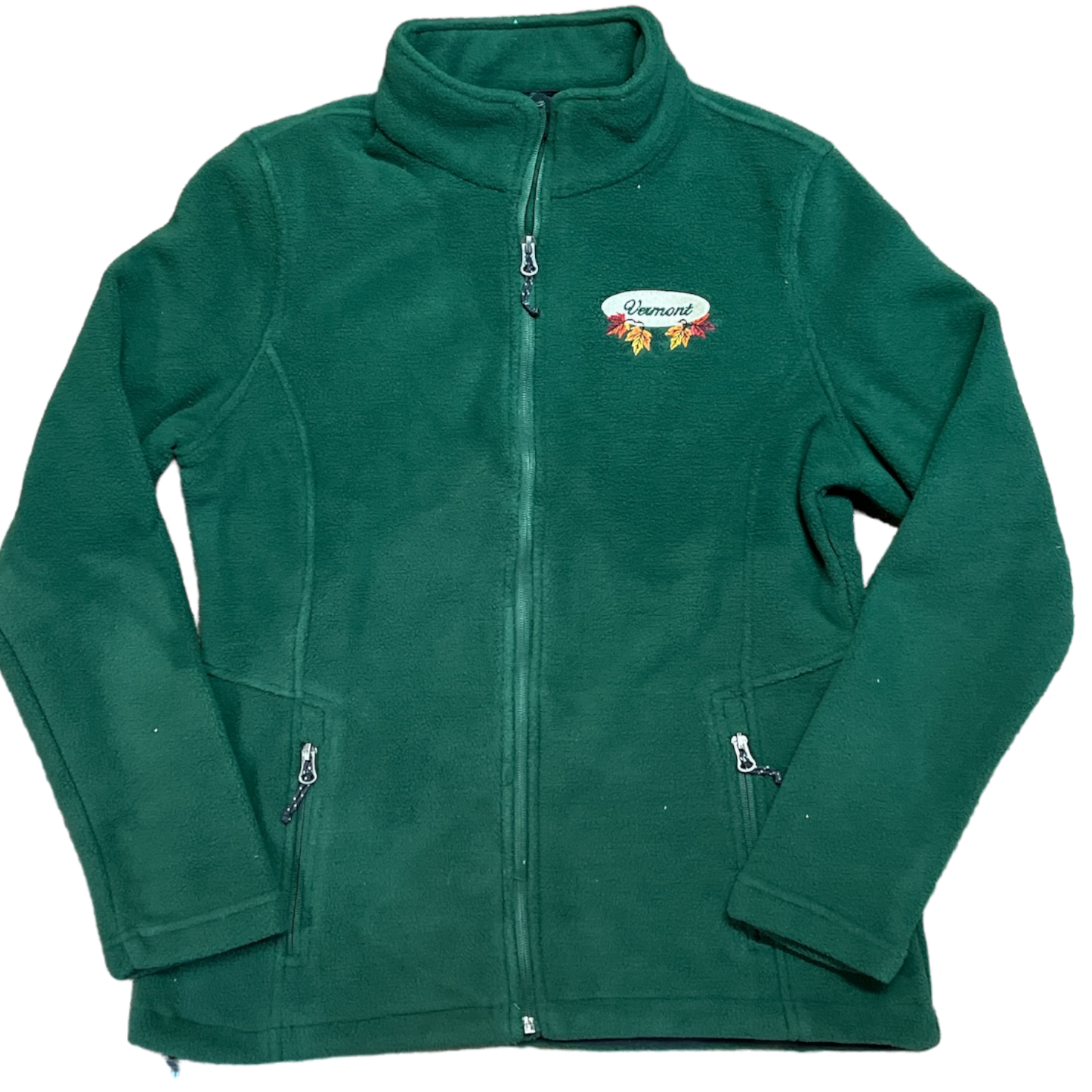 Chaqueta polar con cremallera completa para mujer – Bordado ovalado con hojas otoñales blancas