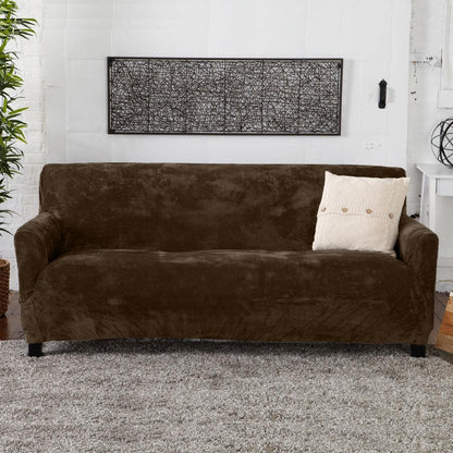 Velvet stretch slipcover Gale Collection Great Bay Home on brown sofa with beige pillow on Tampa Home & Garden Store