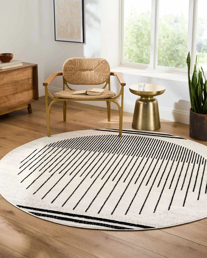 Angus Black&White Geometric Area Rug round with black stripes Boutique Rugs on Tampa Home & Garden Store