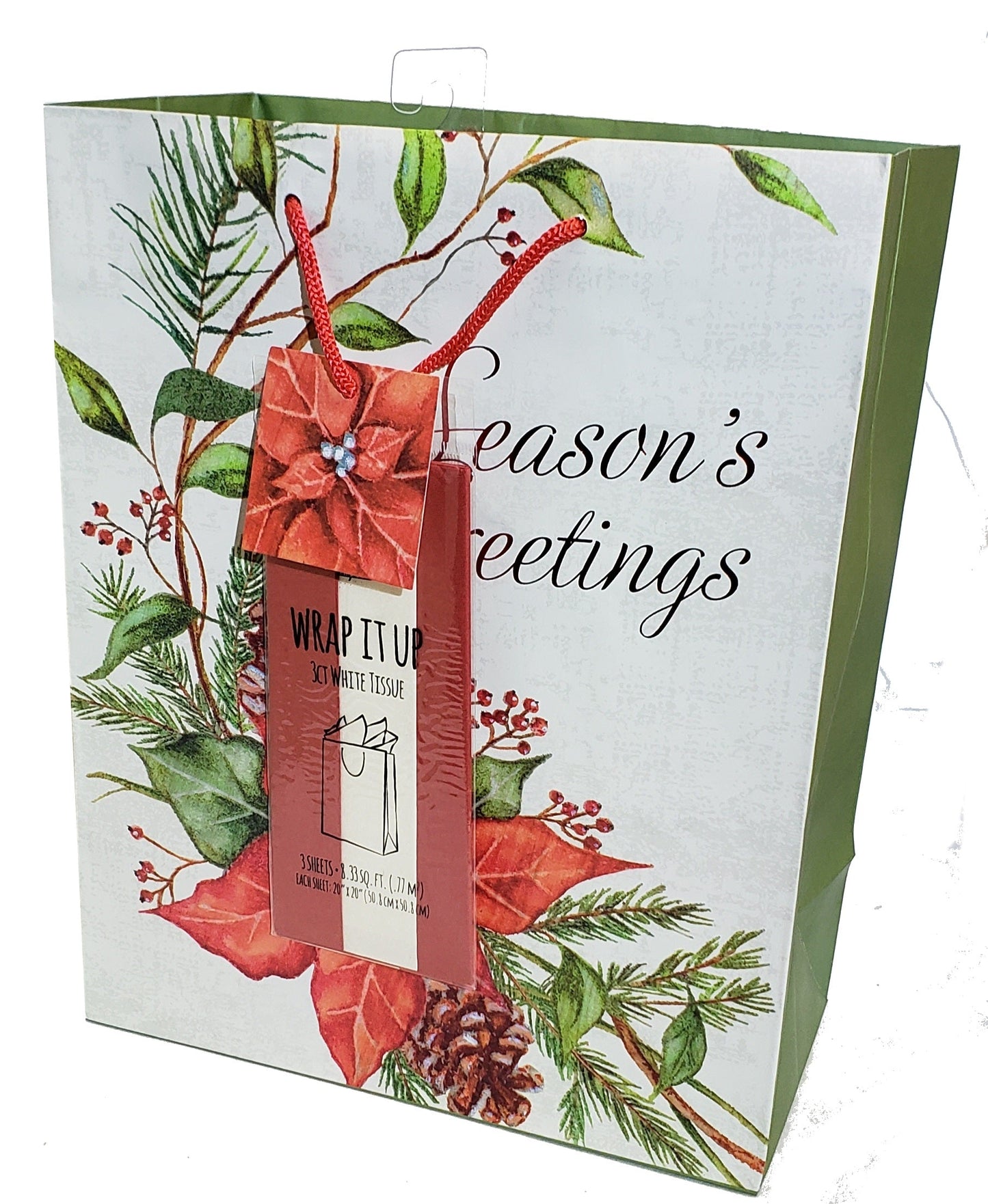 Traditional Gift Bag Large Poinsettia with Matching Tissue, festive greenery on Tampa Home & Garden Store