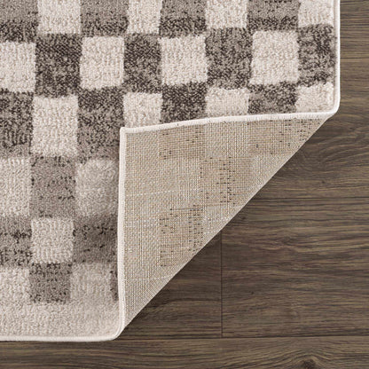 Benjy irregular checkboard rug beige and brown pattern Boutique Rugs on wood floor on Tampa Home & Garden Store