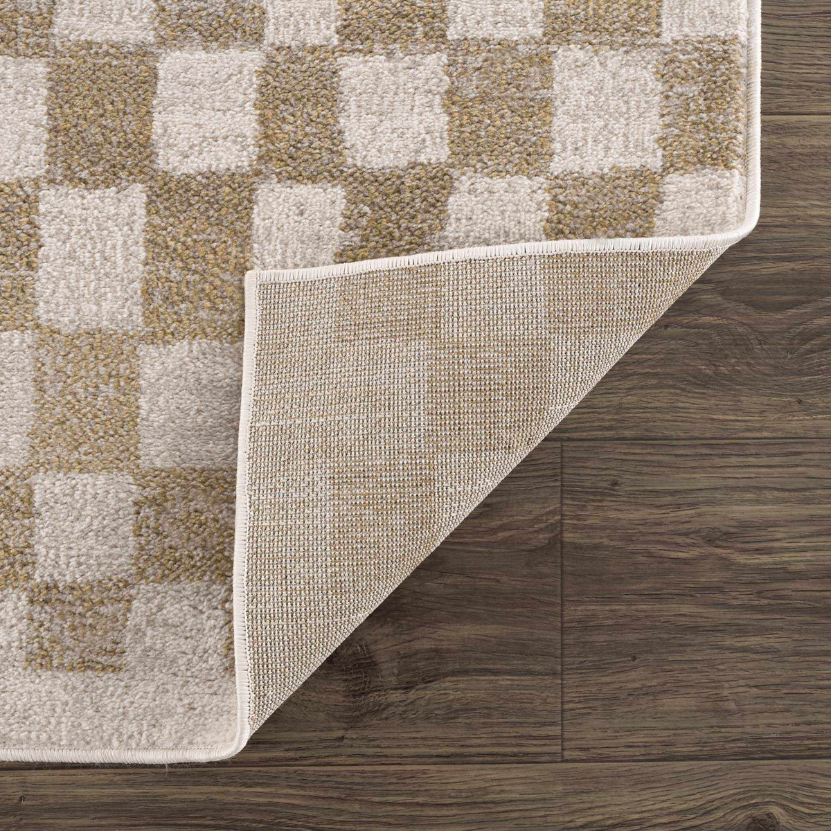 Benjy irregular checkboard rug Cream & Gold with plush pile on wood floor on Tampa Home & Garden Store