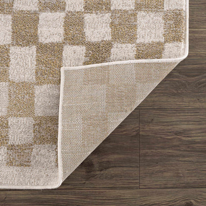 Benjy irregular checkboard rug Cream & Gold with plush pile on wood floor on Tampa Home & Garden Store