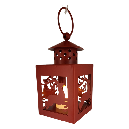 Lanterne de Noël lumineuse en métal avec bougie chauffe-plat LED - Rouge