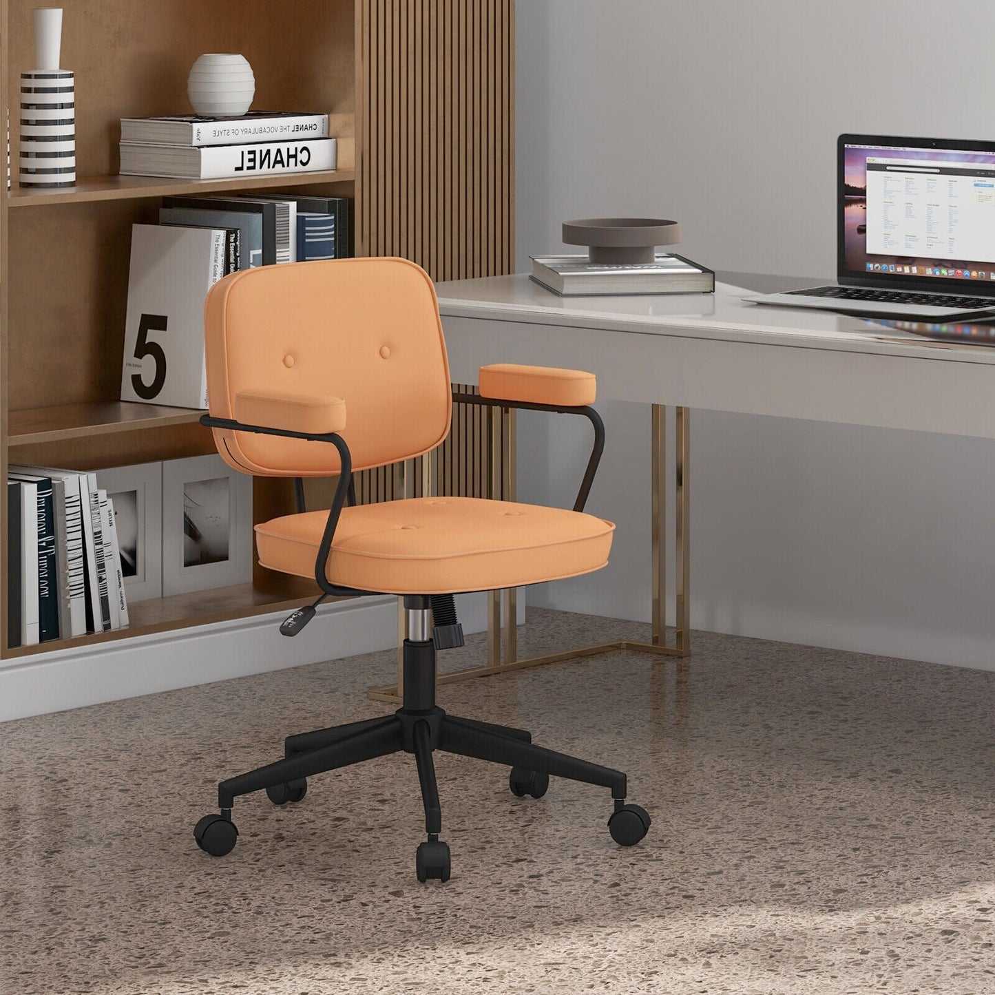 Silla de oficina de cuero sintético con respaldo reclinable y reposabrazos ergonómico - Naranja
