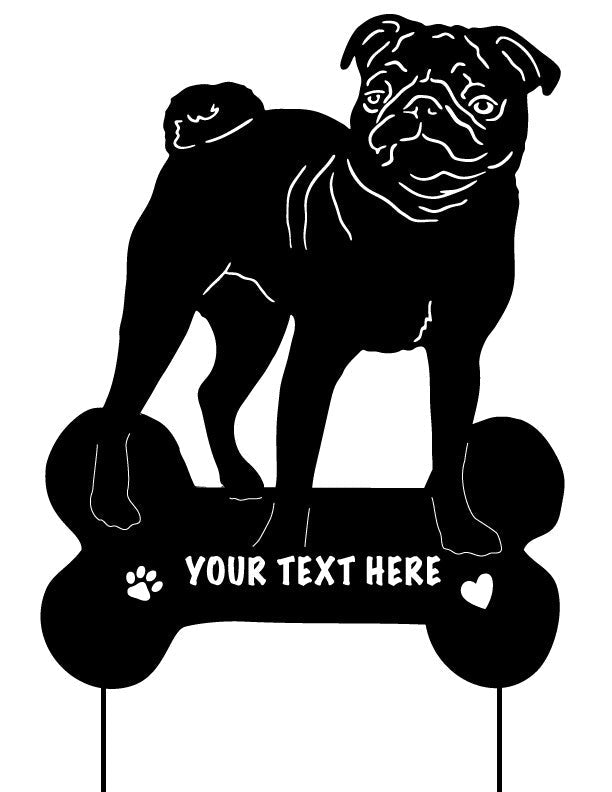Pug garden stake bone-base with customizable text, Rustica Ornamentals lawn ornament on Tampa Home & Garden Store