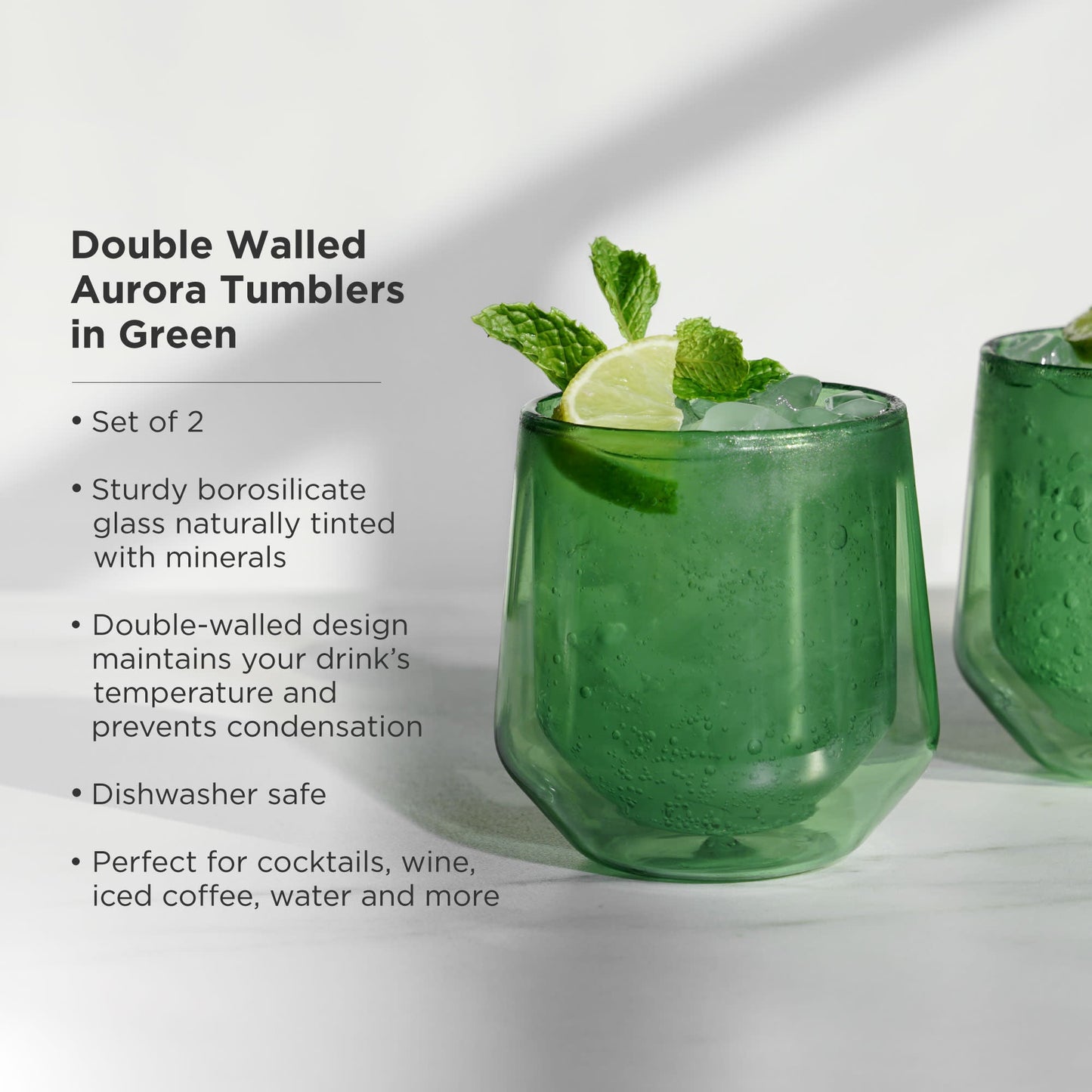 Set of Bottle Green Double Wall Lowball Glasses