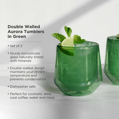 Set of Bottle Green Double Wall Lowball Glasses