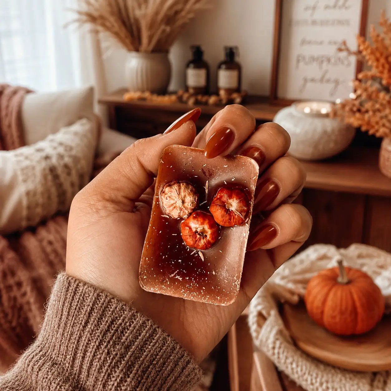 Gia Roma Autumn Pecan Waffles scented wax melt with dried pumpkin slices in amber wax on Tampa Home & Garden Store