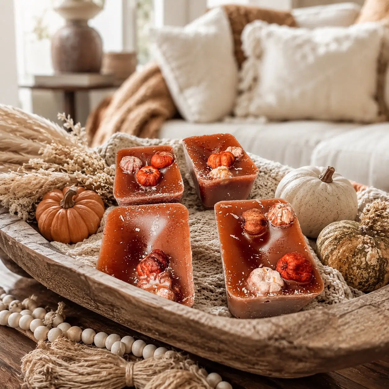 Autumn Pumpkin Pecan Waffles wax tarts, set of 4 square orange melts with pumpkin accents on Tampa Home & Garden Store