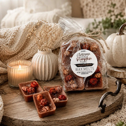 Gia Roma Autumn Pumpkin Pecan Waffles wax melts in twine-tied bag on rustic tray with candle on Tampa Home & Garden Store