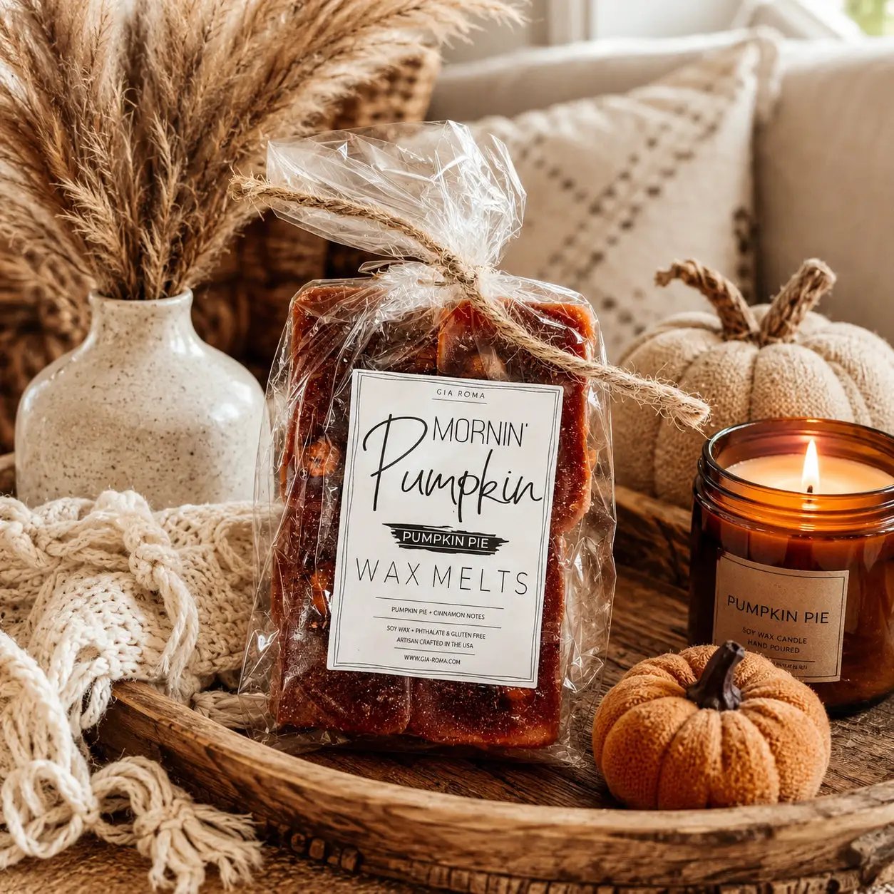Gia Roma Pumpkin Buttercream Wax Melts Cinnamon Pie in clear bag with brown twine amber wax on Tampa Home & Garden Store