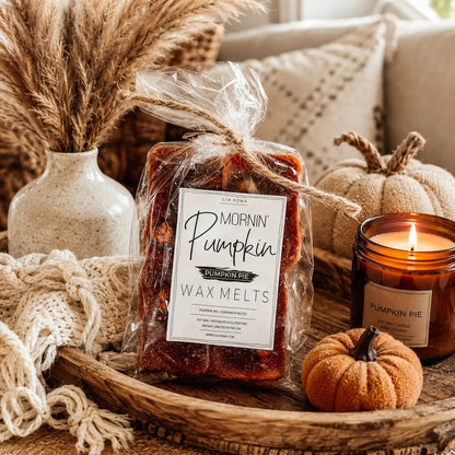 Gia Roma Pumpkin Buttercream Wax Melts Cinnamon Pie in clear bag with brown twine amber wax on Tampa Home & Garden Store