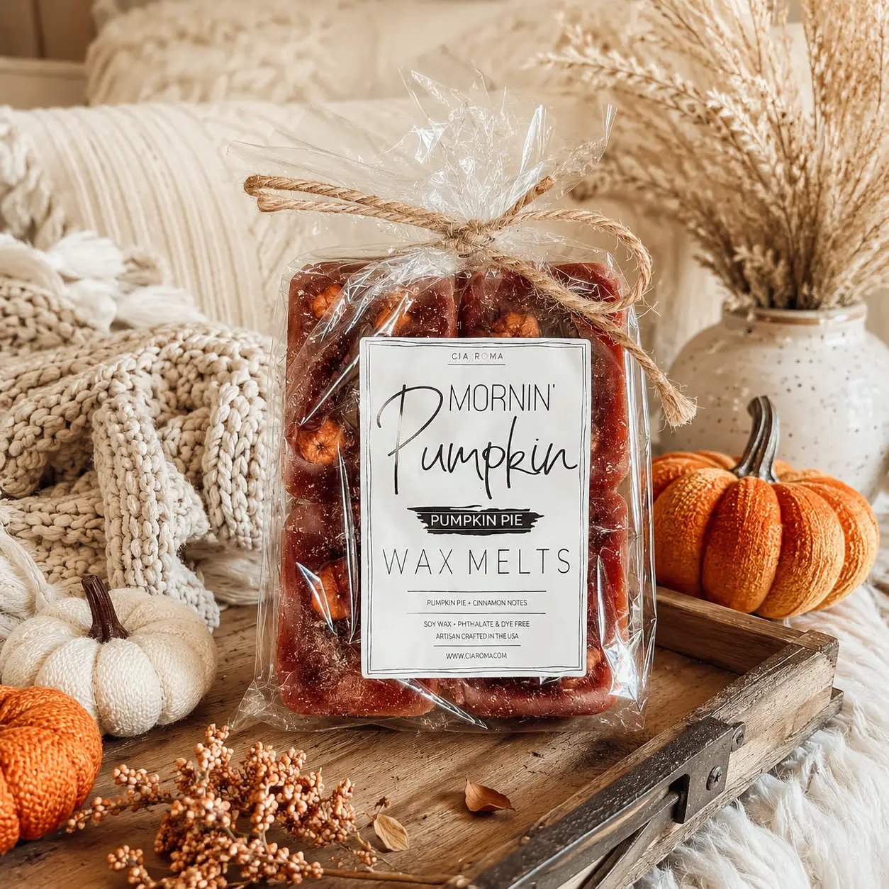 Pumpkin Buttercream Wax Melts Cinnamon Pie Gia Roma, wax tarts in a clear bag with twine on Tampa Home & Garden Store