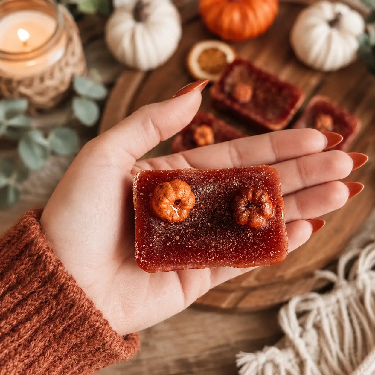 Pumpkin Buttercream Wax Melt Gia Roma deep red-orange wax tart with walnut accents held in hand on Tampa Home & Garden Store