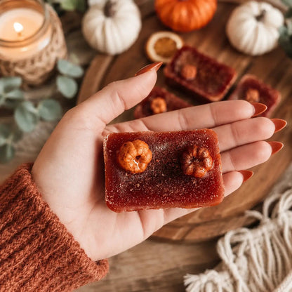 Pumpkin Buttercream Wax Melt Gia Roma deep red-orange wax tart with walnut accents held in hand on Tampa Home & Garden Store