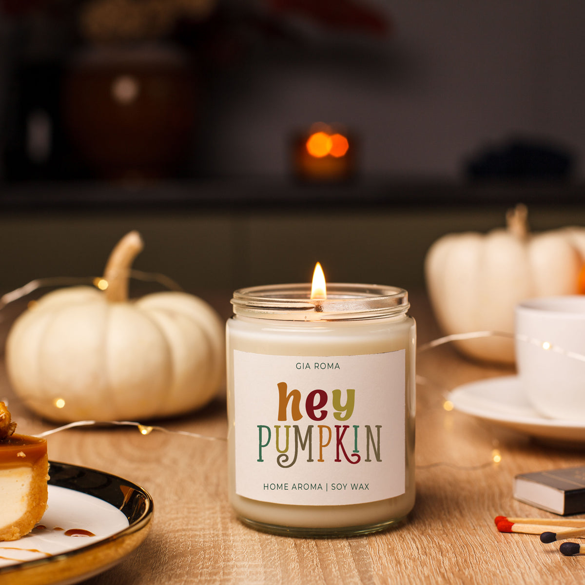 Baked Pumpkin Candle by Gia Roma in a clear glass jar, white soy wax, lit on Tampa Home & Garden Store