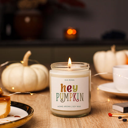 Baked Pumpkin Candle by Gia Roma in a clear glass jar, white soy wax, lit on Tampa Home & Garden Store