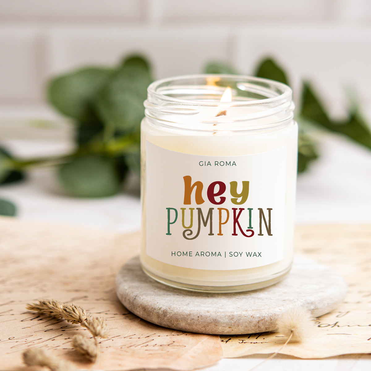 Baked Pumpkin Candle by Gia Roma, white soy wax in a clear glass jar for cozy fall ambiance on Tampa Home & Garden Store