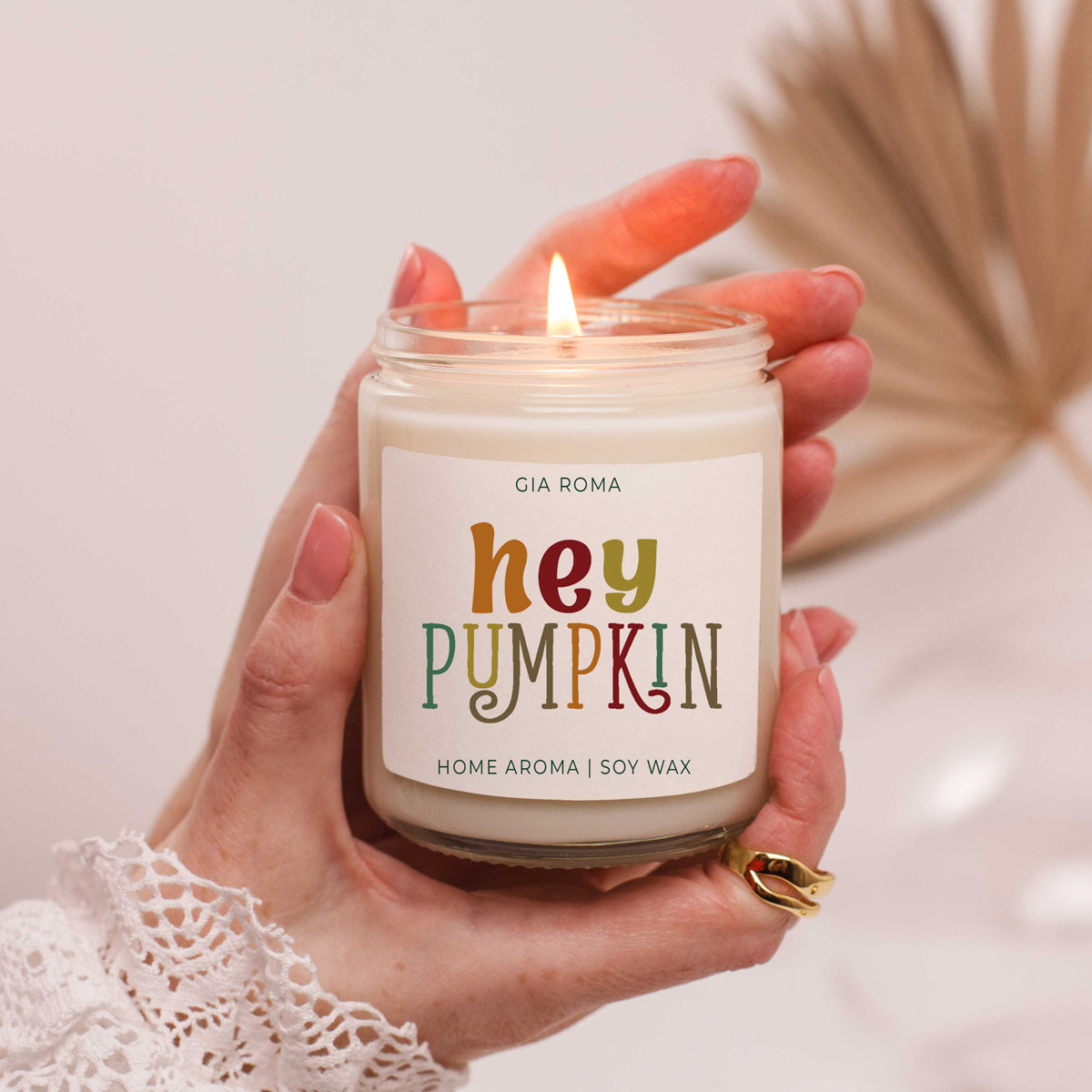 Baked Pumpkin candle by Gia Roma, soy wax in a clear glass jar with a multicolor label on Tampa Home & Garden Store