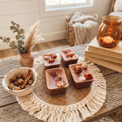 Autumn Pumpkin Pecan Waffles wax melts by Gia Roma in pink-brown bricks with toppers on wood on Tampa Home & Garden Store
